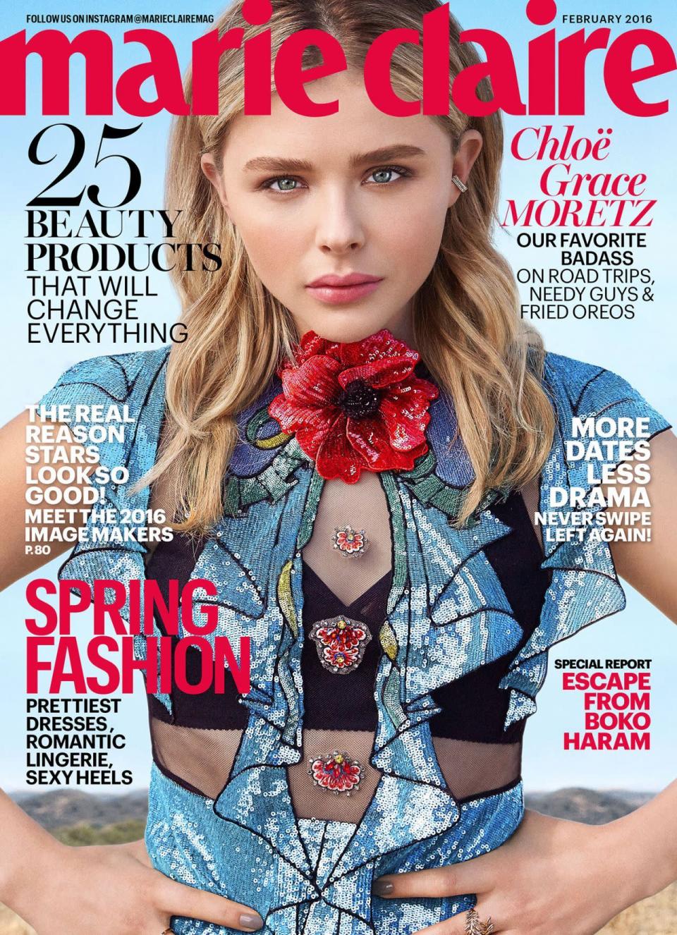 Chloë Grace Moretz on the cover of Marie Claire US, February 2016, wearing Gucci Look 9 from the Spring 2016 collection.