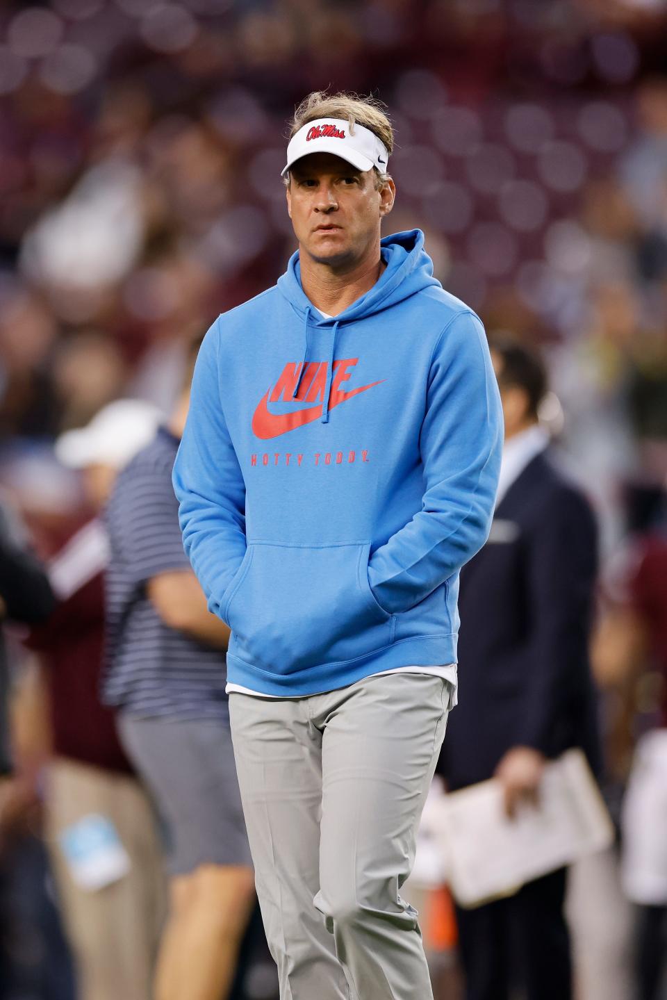 COLLEGE STATION, TEXAS - OCTOBER 29: Head coach Lane Kiffin of the Mississippi Rebels watches players warm up before the game against the Texas A&M Aggies at Kyle Field on October 29, 2022 in College Station, Texas. (Photo by Tim Warner/Getty Images)