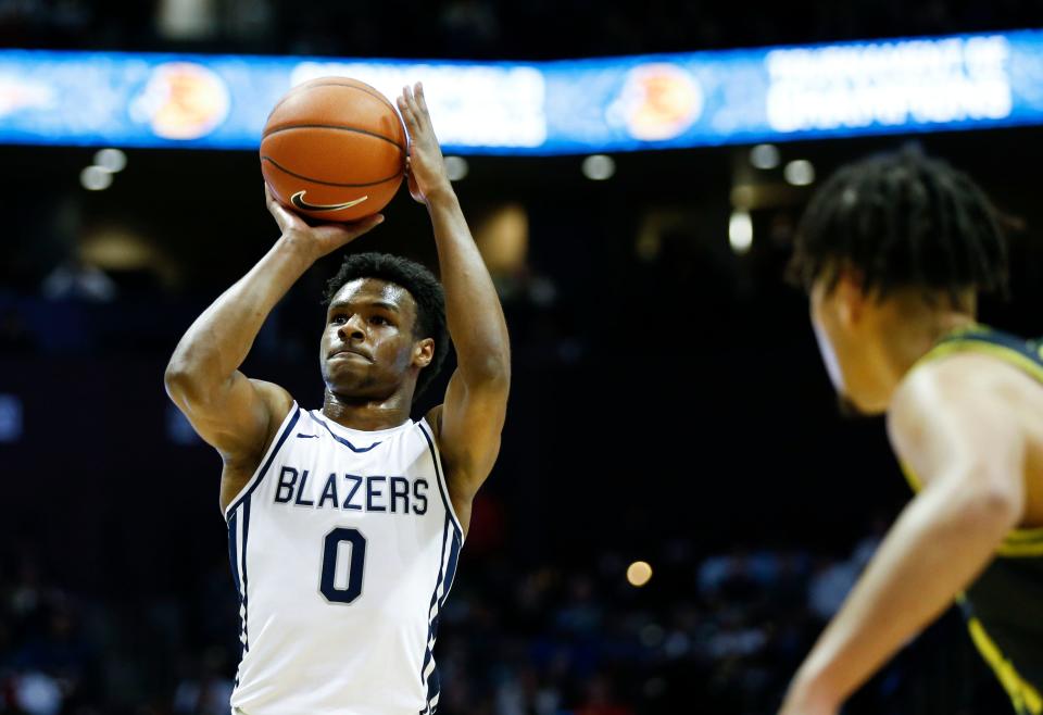 Sierra Canyon junior Bronny James shoots a free throw during a game against the Parkview Vikings in the first round of the Bass Pro Shops Tournament of Champions at JQH Arena on Thursday, Jan. 13, 2022, 