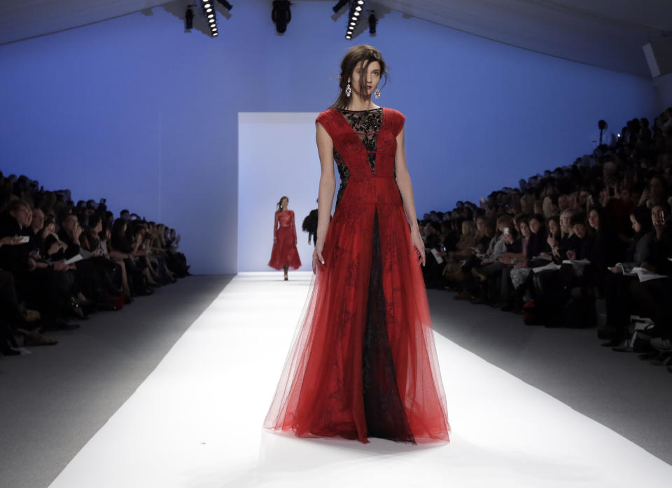 The Tadashi Shoji Fall 2013 collection is modeled during Fashion Week in New York on Thursday, Feb. 7, 2013. (AP Photo/Richard Drew)