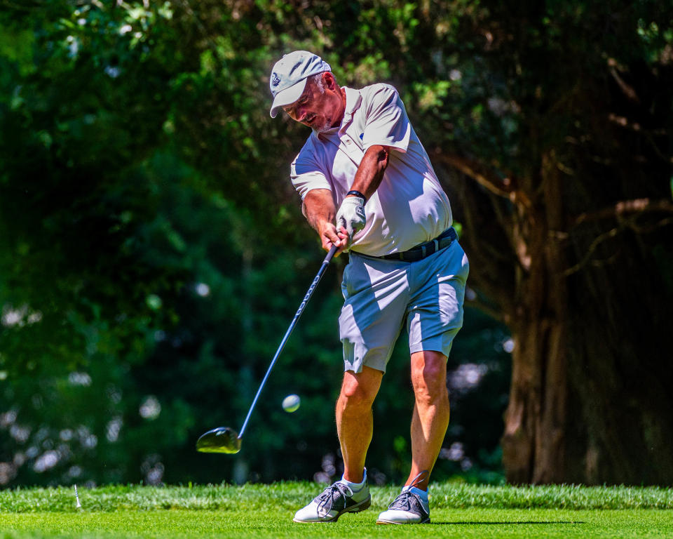 David Pelletier drives from the tee on Hole Eight at the Fourball Tournament hosted by Country Club of New Bedford.