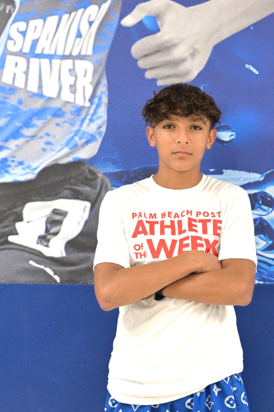 Spanish River's Preston Sangely poses with his Athlete of the Week shirt on Nov. 14, 2023.