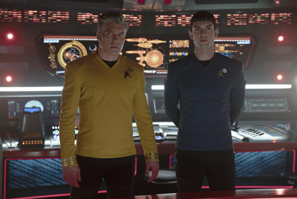 This image released by Paramount+ shows Anson Mount as Pike, left, and Ethan Peck as Spock in a scene from the series "Star Trek: Strange New Worlds." (Marni Grossman/Paramount+ via AP)