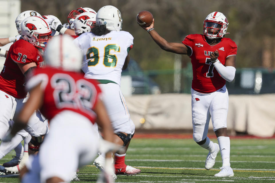 Incarnate Word quarterback Cameron Ward throws a pass during their first home game of the spring Southland Conference season against Southeastern Louisiana at Gayle and Tom Benson Stadium in San Antonio on Saturday, March 20, 2021. For a freshman quarterback, Incarnate Word's Cameron Ward has already put up pretty nice numbers for a season. (Marvin Pfeiffer/The San Antonio Express-News via AP)