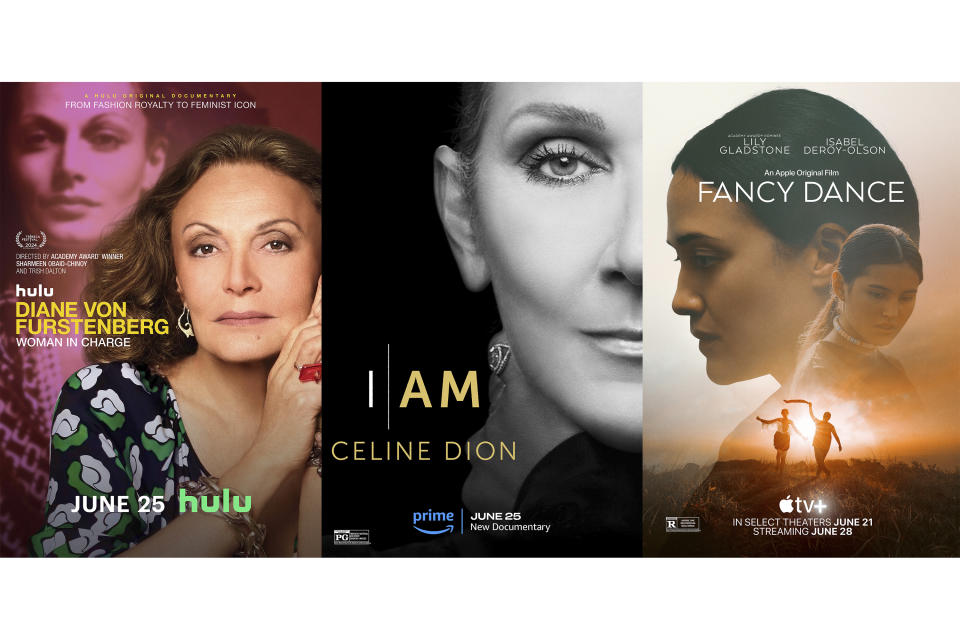 This combination of images shows promotional art for the documentary "Diane von Furstenberg: Woman in Charge," left, the documentary "I Am Celine Dion," center, and the film "Fancy Dance." (Hulu/Prime/Apple TV+ via AP)