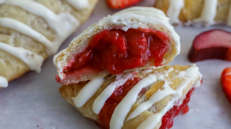 cut open strawberry rhubarb turnovers