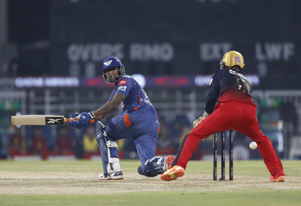 Lucknow Super Giants' K. Gowtham plays a shot during the Indian Premier League (IPL) match between Lucknow Super Giants and Royal Challenger Bangalore in Lucknow, India, Monday, May 1, 2023. (AP Photo/Surjeet Yadav)