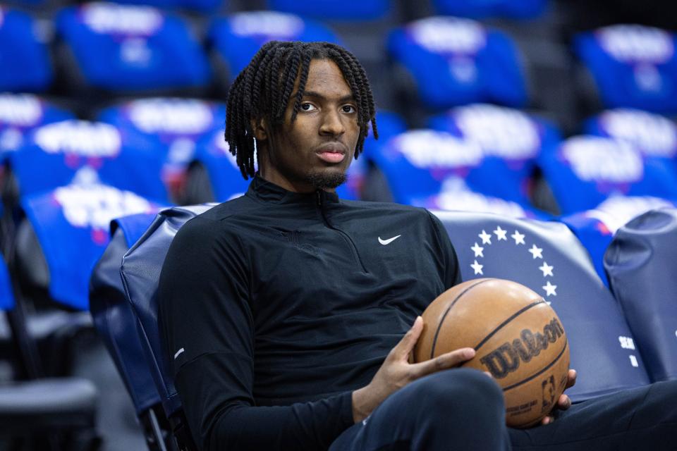 May 2, 2024; Philadelphia, Pennsylvania, USA; Philadelphia 76ers guard Tyrese Maxey before game six of the first round for the 2024 NBA playoffs against the New York Knicks at Wells Fargo Center.