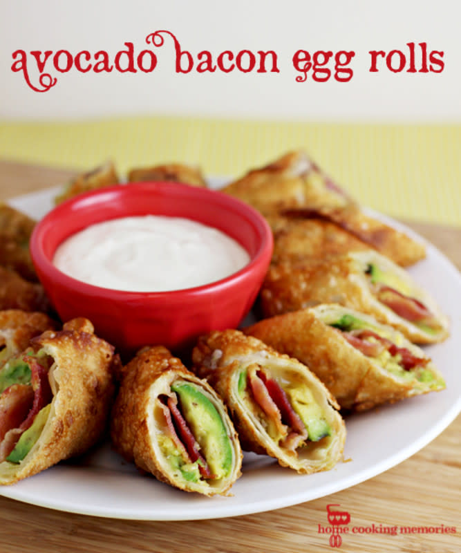 <p>Will Cook for Smiles</p><p>These avocado and bacon loaded homemade egg rolls are sure crowd pleasers. <a href="http://homecookingmemories.com/avocado-bacon-egg-rolls/" rel="nofollow noopener" target="_blank" data-ylk="slk:Get the recipe HERE;elm:context_link;itc:0;sec:content-canvas" class="link ">Get the recipe HERE</a>. </p>