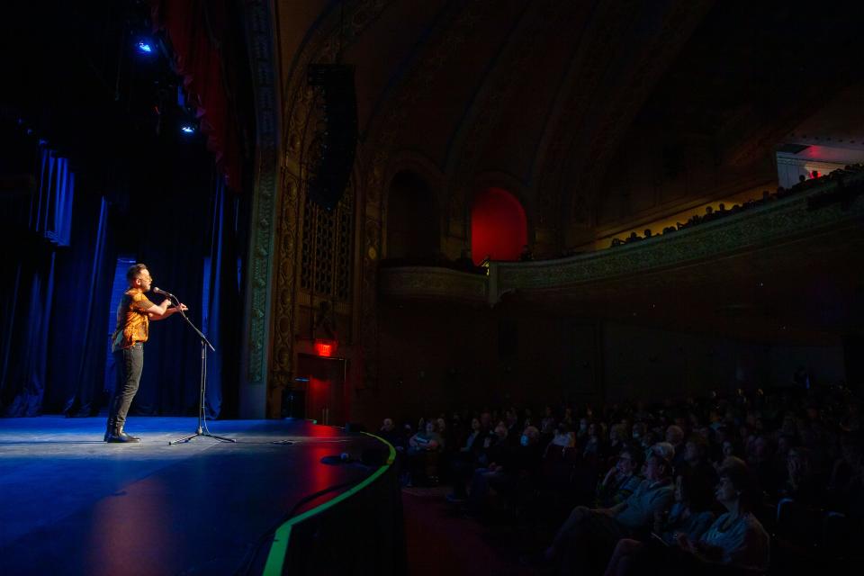 Blake Carlson performs at the "Growing Up" themed Storytellers event at Hoyt Sherman Place in Des Moines, Tuesday, April 26, 2022.