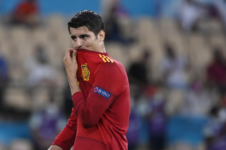 Spain's Alvaro Morata gestures during the Euro 2020 soccer championship group E match between Spain and Sweden at La Cartuja stadium in Seville, Monday, June 14, 2021. (AP Photo/Pierre Philippe Marcou, Pool)