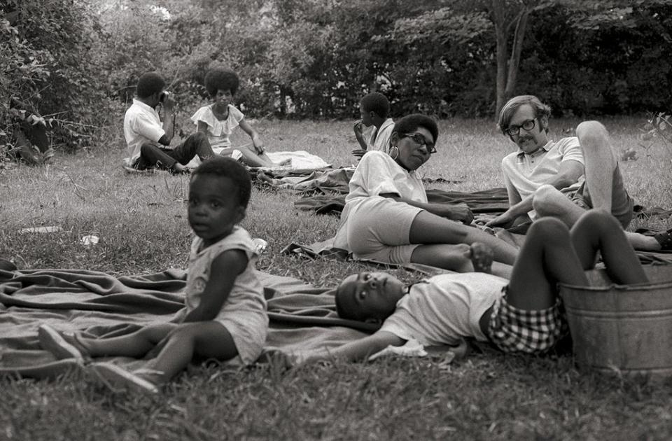 ‘Southern Media staff member Larry Rand and civil rights workers at the Erwin family farm, Tougaloo, Mississippi’, 1969 (Courtesy Doris Derby and MACK)