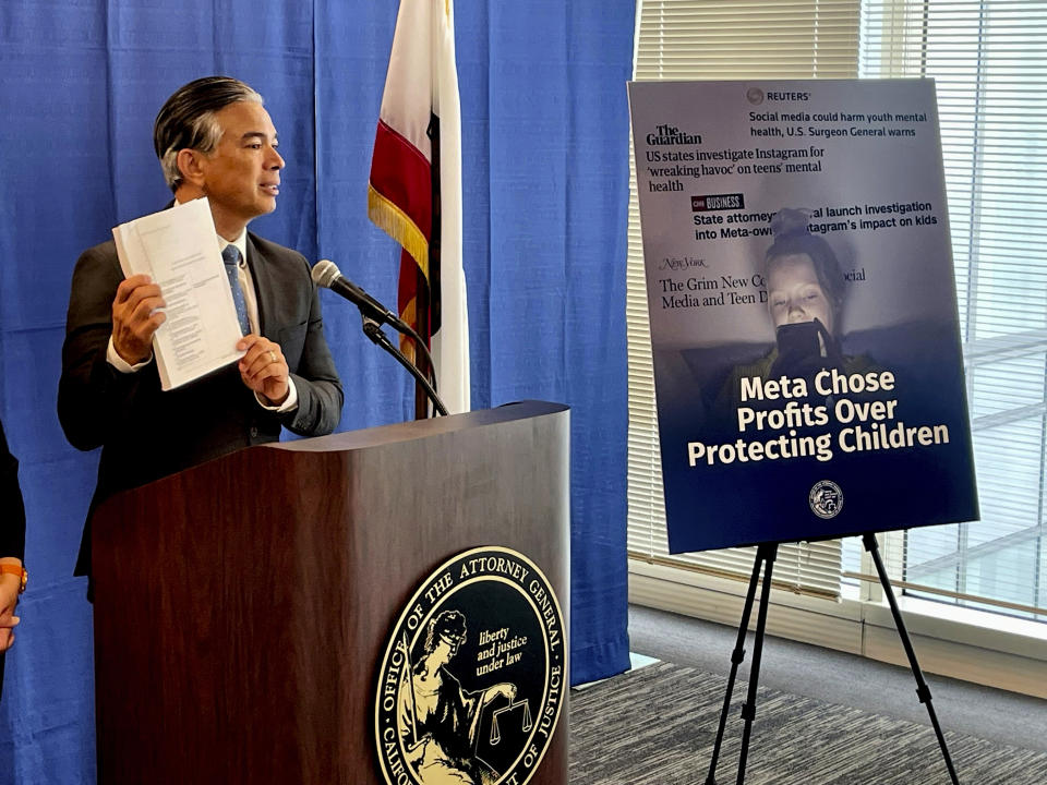 Attorney General Rob Bonta talks during a news conference in San Francisco, on Tuesday, Oct. 24, 2023. Dozens of U.S. states, including California and New York, are suing Meta Platforms Inc. for harming young people and contributing to the youth mental health crisis by knowingly and deliberately designing features on Instagram and Facebook that addict children to its platforms. (AP Photo/Haven Daley)