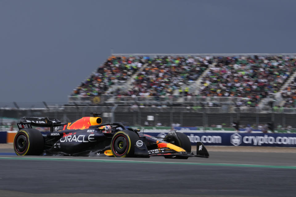 Red Bull driver Max Verstappen of the Netherlands steers his car during the British Formula One Grand Prix race at the Silverstone racetrack, Silverstone, England, Sunday, July 9, 2023. (AP Photo/Luca Bruno)