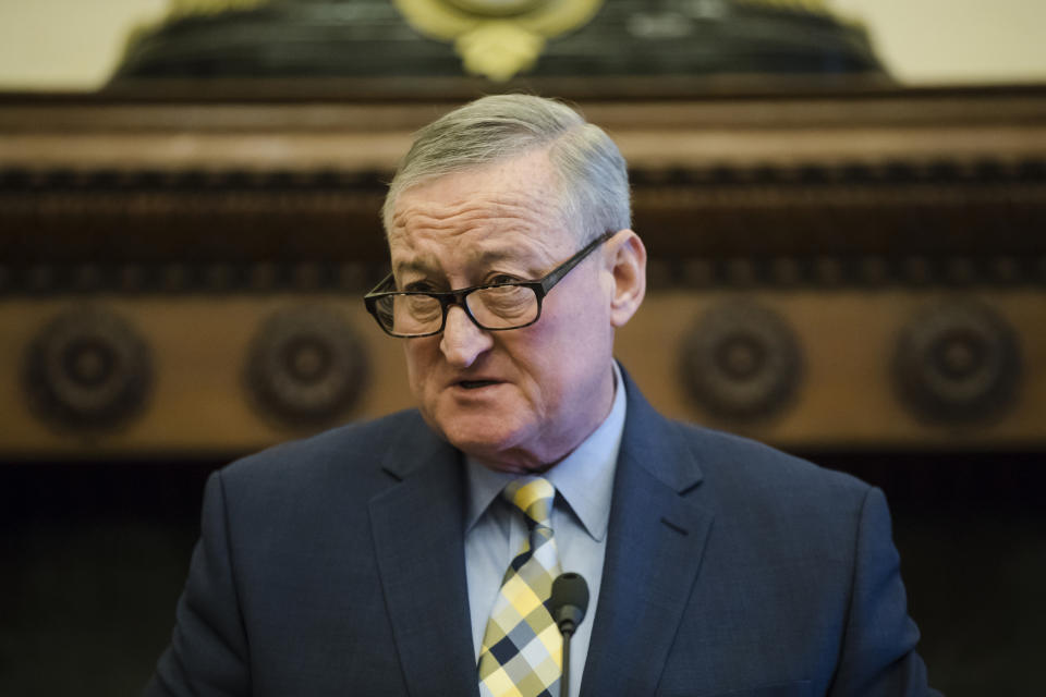 In this Jan. 17, 2019, file photo, Philadelphia Mayor Jim Kenney speaks during a news conference at City Hall in Philadelphia. Kenney won the Democratic primary, Tuesday, May 21, 2019, in his bid for re-election. (AP Photo/Matt Rourke)