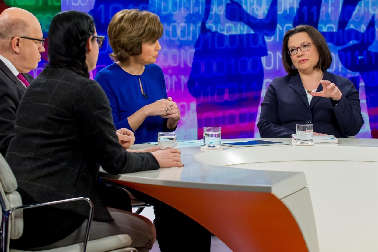 Andrea Nahles ist vom Umfragetief angeblich nicht überrascht. (Bild: ZDF/Svea Pietschmann)