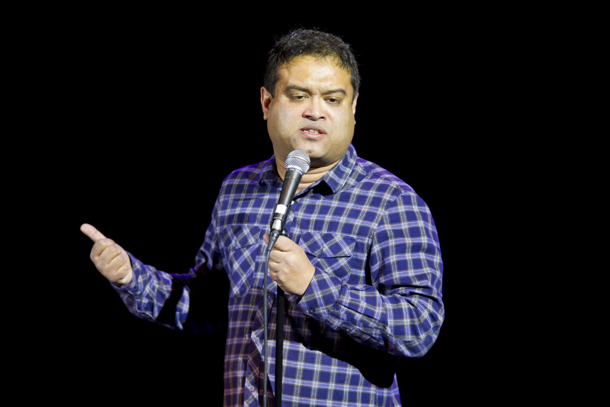 Paul Sinha performing at the War on Want Comedy Gig, at the O2 Shepherd's Bush Empire in west London.