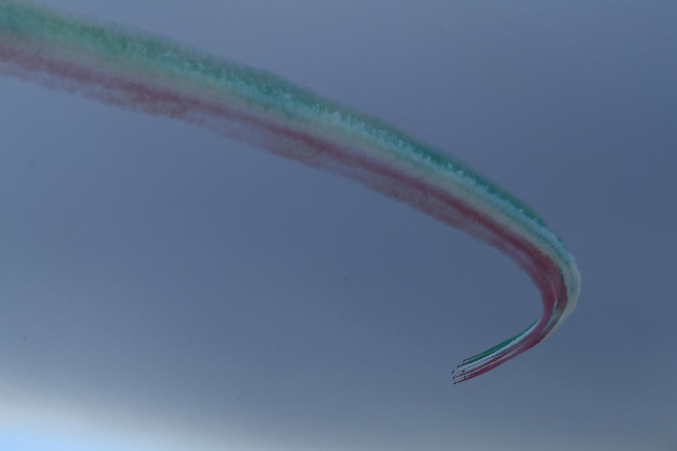 A picture shows an Italy's Air Force aerobatic demonstration during a ceremony after the signing of the Franco-Italian Quirinal Treaty, in Rome, Friday, Nov. 26, 2021. (Filippo Monteforte / Pool photo via AP)