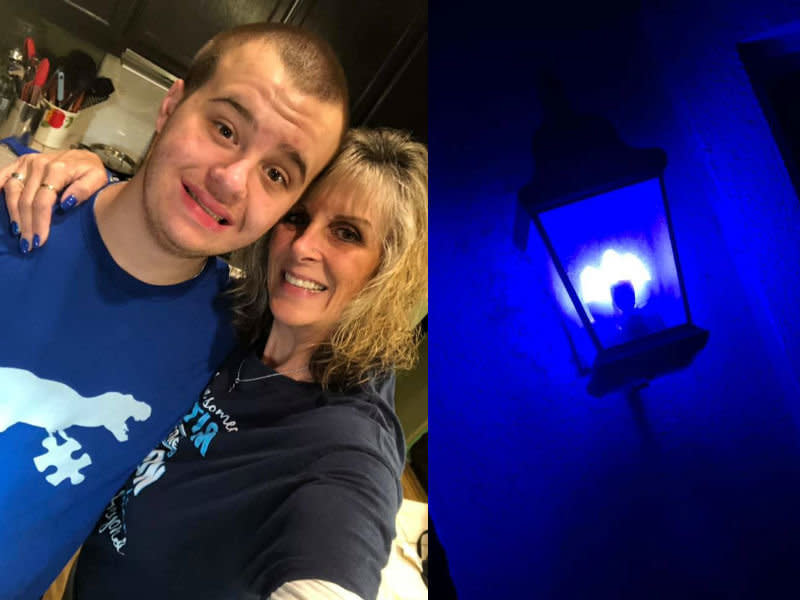 Jake McBride's mom, Lisa McBride, shows support for her autistic son by displaying blue lights outside of their home in April. (Photo: Facebook/Lisa McBride)