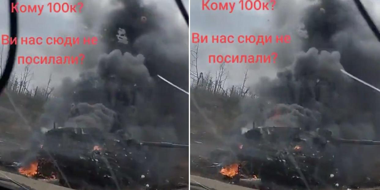 Side-by-side screenshots from video on social media show the burning remains of a tank.