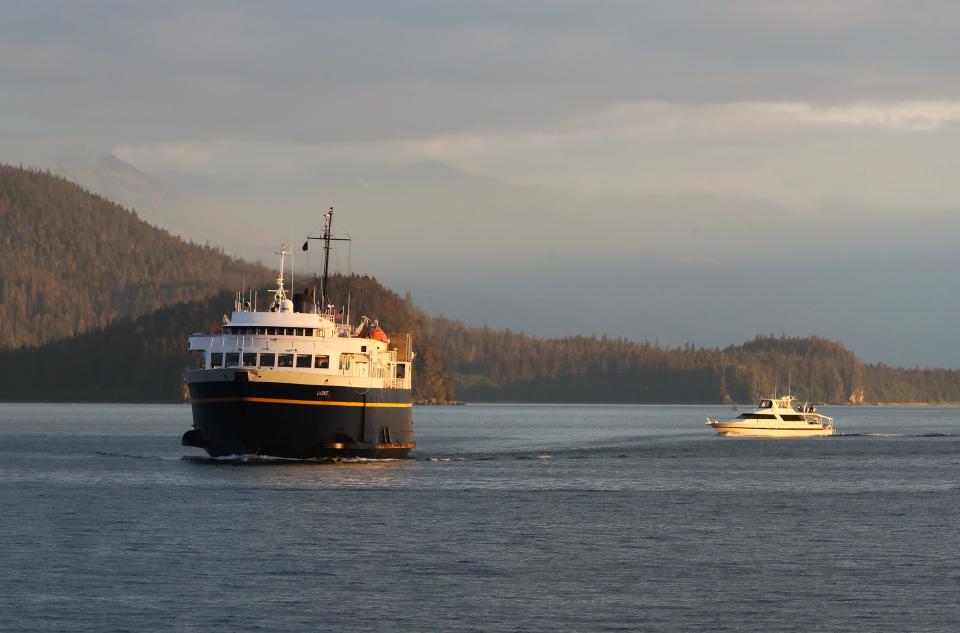 A ferry passenger vessel returns to dock at the Auke Bay Ferry Terminal in Juneau, Alaska, on Aug. 24, 2023.
