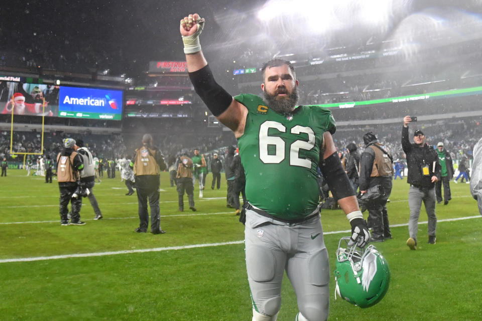 Nov 26, 2023; Philadelphia, Pennsylvania, USA; Philadelphia Eagles center Jason Kelce (62) walks off the field after overtime win against the Buffalo Bills at Lincoln Financial Field. Mandatory Credit: Eric Hartline-USA TODAY Sports