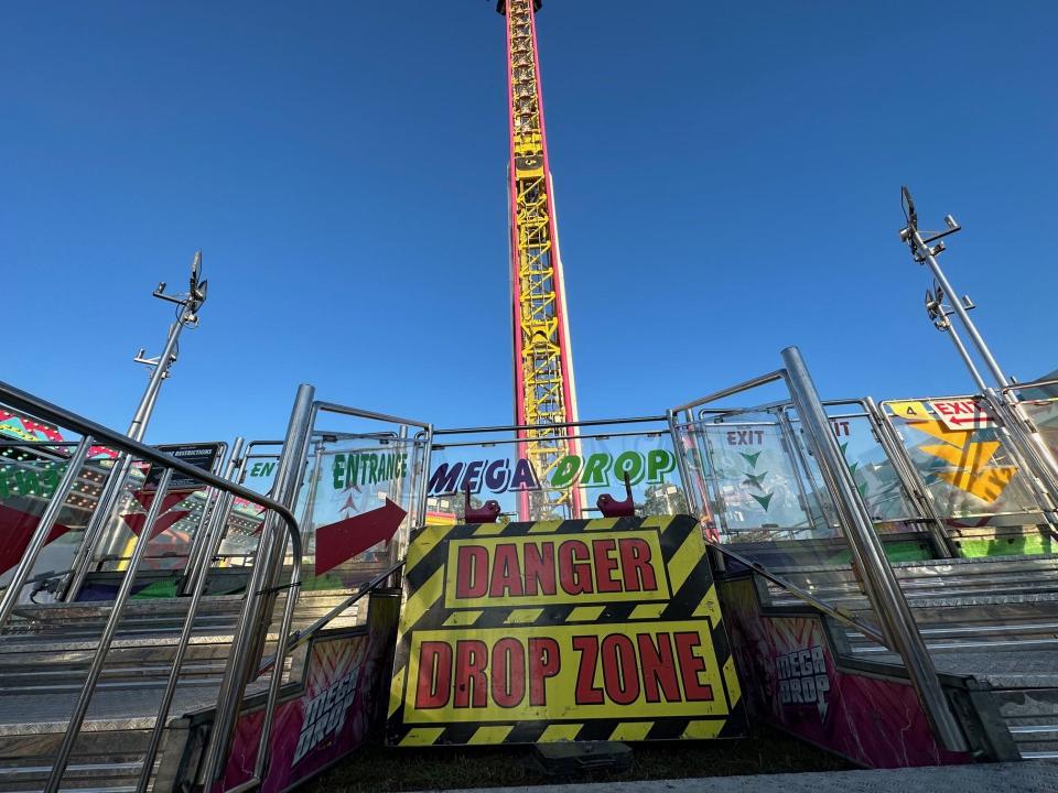 The Mega Drop ride at the Volusia County Fair, Tuesday, Nov. 7, 2023.