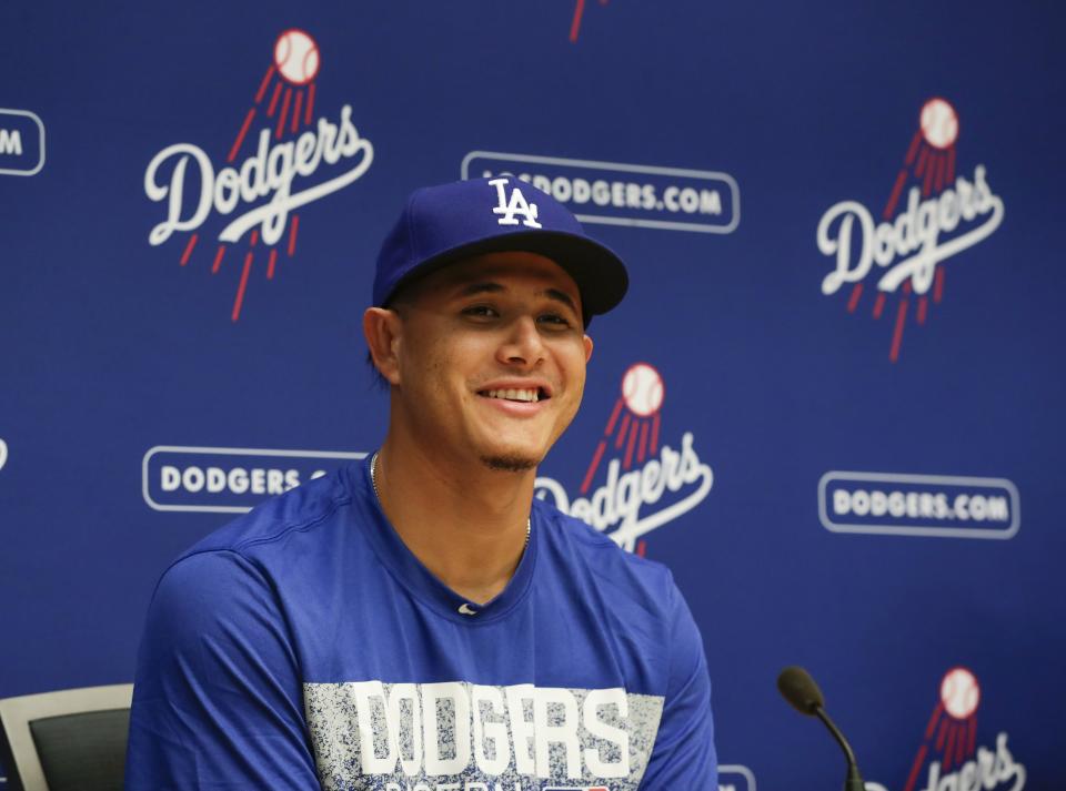 Los Angeles Dodgers’ Manny Machado speaks at a news conference before a baseball game against the Milwaukee Brewers Friday, July 20, 2018, in Milwaukee. (AP Photo/Morry Gash)