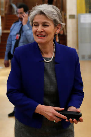 Irina Bokova, Director General of UNESCO, talks to journalists at the headquarters of the United Nations Educational, Scientific and Cultural Organization (UNESCO) in Paris, France, October 12, 2017. REUTERS/Philippe Wojazer