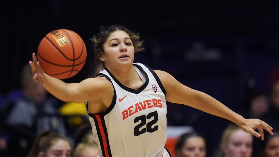 Oregon State guard Talia von Oelhoffen (22) reaches for a pass during the first half of an NCAA college basketball game against Iowa in the Phil Knight Legacy tournament Friday, Nov. 25, 2022, in Portland, Ore. (AP Photo/Rick Bowmer)