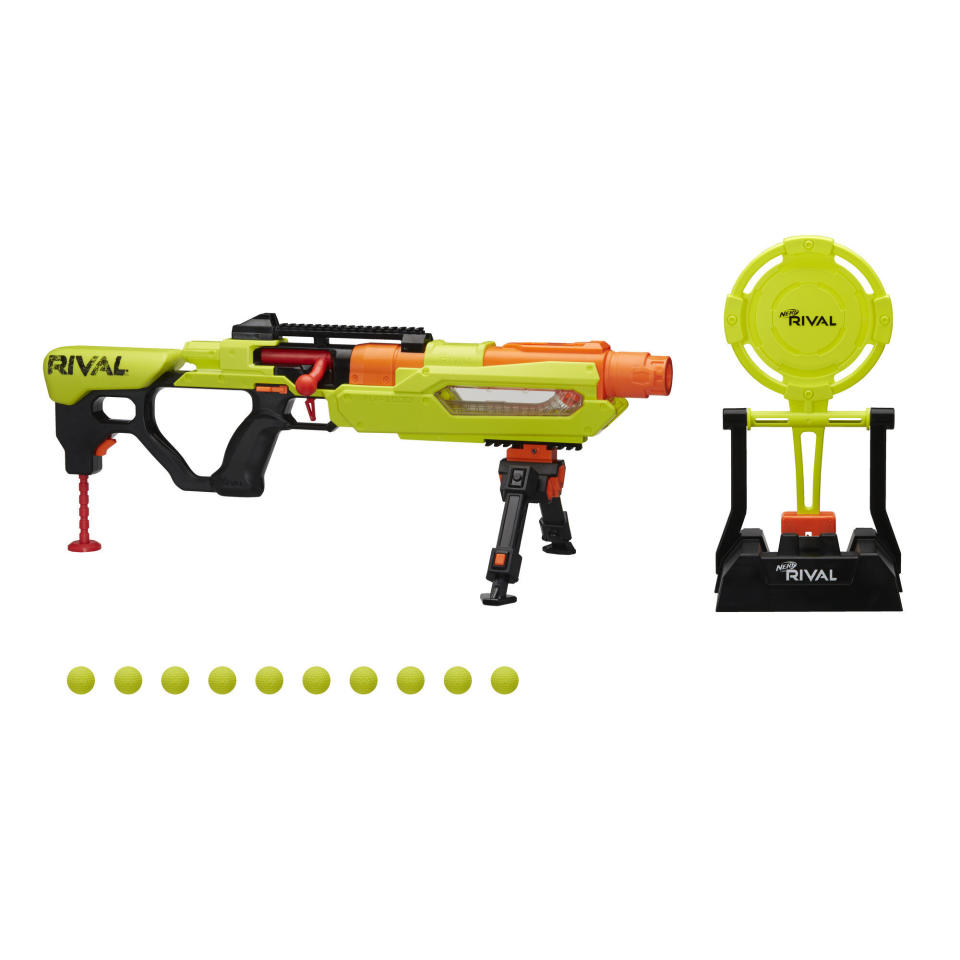 Nerf Rival competitors can practice their skills with this Edge Series blaster and targeting set! The Jupiter XIX-1000 blaster comes with an audible reactive target that swings and makes a sound when hit, so they can check their precision with every shot. This bolt-action blaster includes 10 Official Nerf Rival rounds and has a clear window to see how many rounds are left inside. <a href="https://fave.co/2PC5Fzp" target="_blank" rel="noopener noreferrer"><strong>Find it for $50 at Walmart</strong>﻿</a>.