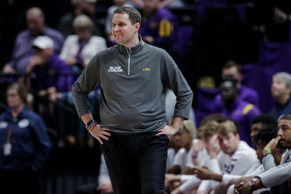 LSU coach Will Wade watches his team play against Missouri at the Pete Maravich Assembly Center on Feb. 26, 2022.