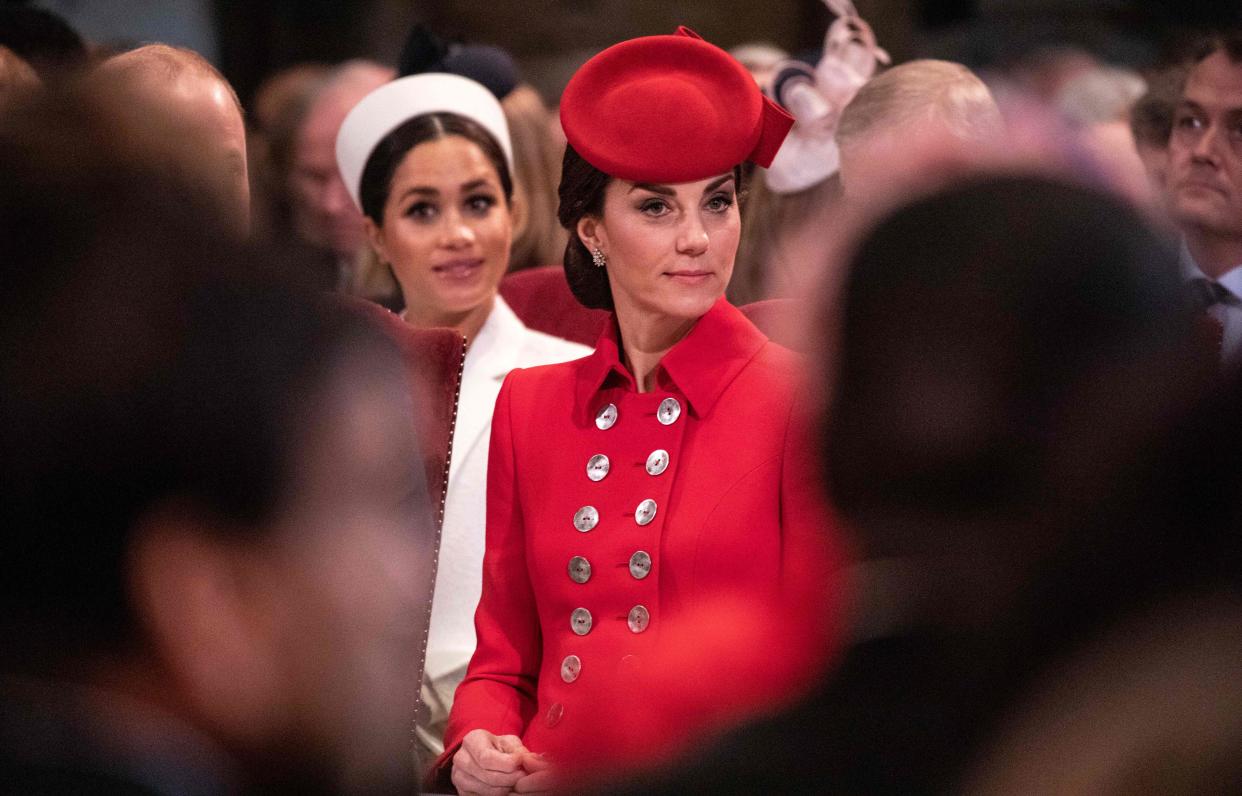 Meghan sat behind Kate at the Commonwealth Day service [Photo: Getty]