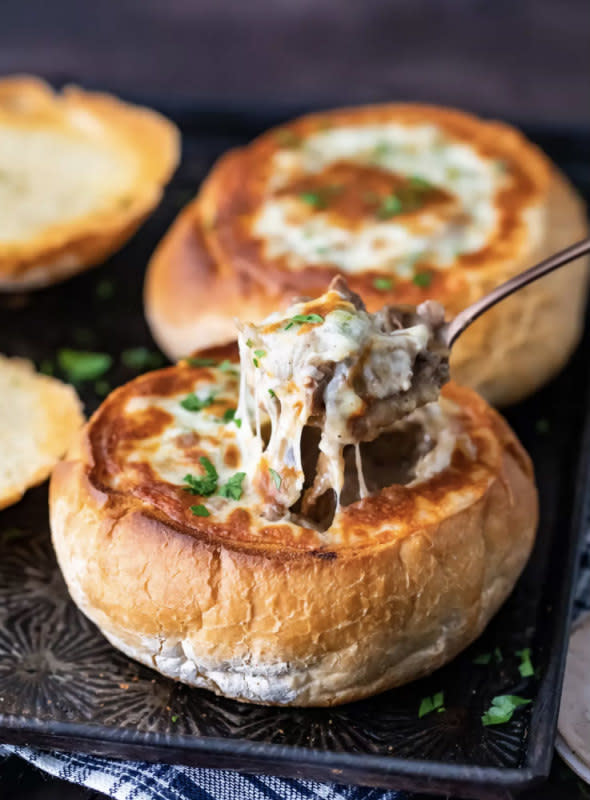 <p>TheCookieRookie.com</p><p>If you like cheesesteak sandwiches, then you'll love this bread bowl soup recipe.</p><p><strong>Get the recipe: <a href="https://www.thecookierookie.com/philly-cheese-steak-soup-bread-bowl/" rel="nofollow noopener" target="_blank" data-ylk="slk:Philly Cheese Steak Soup in a Bread Bowl;elm:context_link;itc:0;sec:content-canvas" class="link ">Philly Cheese Steak Soup in a Bread Bowl</a></strong></p>