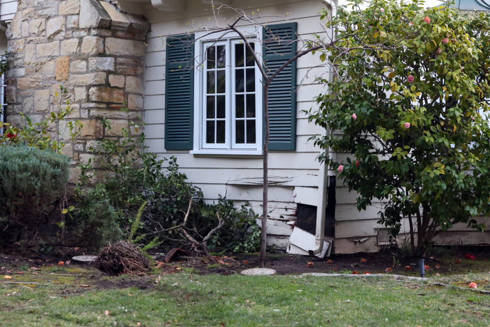 Scene of the accident that Pete Davidson and girlfriend Sui Wonders were reportedly in Saturday night together. There are deep tire tracks into the lawn of resident and tire tracks of skid marks, along with car parts scattered all over the yard and the home which was struck. 05 Mar 2023 Pictured: Scene of the accident that Pete Davidson and girlfriend Sui Wondersi were reportedly in Saturday night together. Photo credit: APEX / MEGA TheMegaAgency.com +1 888 505 6342 (Mega Agency TagID: MEGA951804_002.jpg) [Photo via Mega Agency]