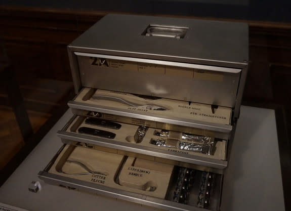 A toolbox used by astronauts aboard Skylab. The box is similar to those used on Earth, but with some adjustments, like Velcro, to keep the tools in place in micro gravity.
