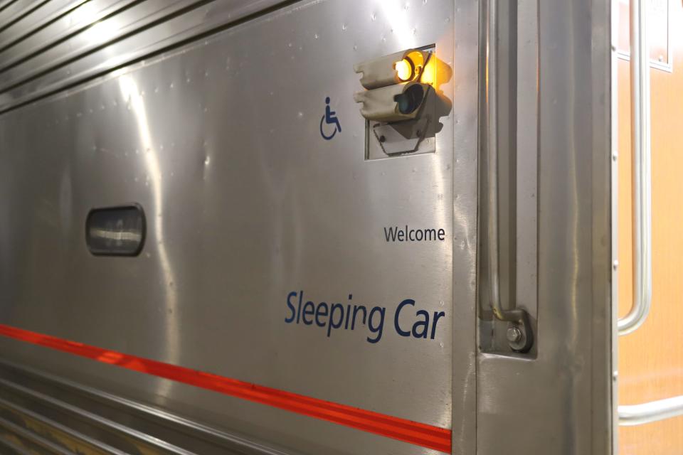 The door leading into the "Sleeping car" on the Amtrak train.