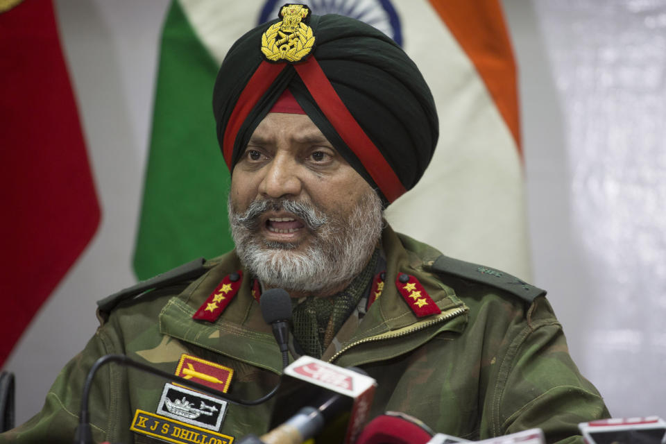 Indian Army's General Officer Commanding of the Srinagar-based 15 Corps Lt. Gen. K.J.S. Dhillon speaks during a joint press conference in Srinagar, Indian controlled Kashmir, Tuesday, Feb. 19, 2019. A top Indian military official in disputed Kashmir on Tuesday accused the Pakistani army and its spy agency for involvement in the last week’s deadly car bombing. Dhillon told reporters in Srinagar, the main city of Indian-held Kashmir, that the leadership of Jaish-e-Mohammed militant group was “eliminated within 100 hours” of the Feb. 14 attack, linking the slain militants in Monday’s gunbattle to the attack. (AP Photo)