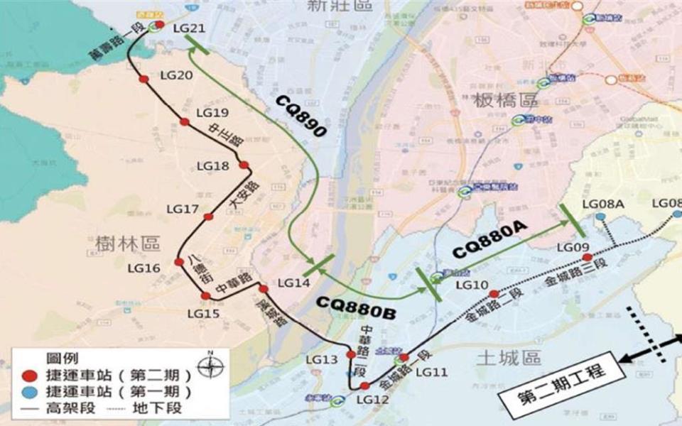 萬大線第二期工程CQ880A區段標工程範圍自萬大線第一期LG08站西側明挖覆蓋隧道（不含），延伸至土城區金城路出土段止，沿線共設2座地下車站LG09和LG10、3段潛盾隧道及1段明挖覆蓋隧道出土段，路線長度約為2.84公里。（台北市捷運局提供／劉彥宜台北傳真）