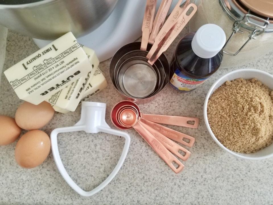 Supplies and ingredients for candy corn-stuffed cookies.