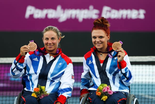 Lucy Shuker, left, and Jordanne Whiley celebrate their landmark bronze at London 2012