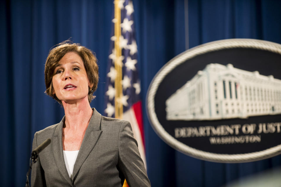 Then Deputy Attorney General Sally Yates speaks during a press conference in June 2016. (Photo: Pete Marovich/Getty Images)