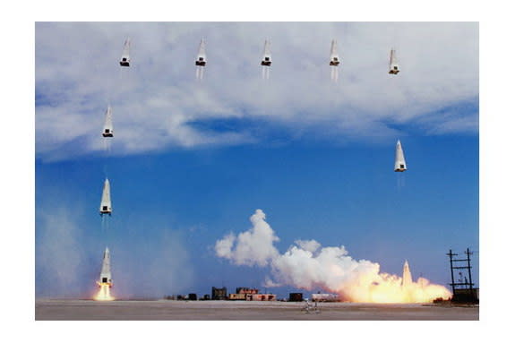 This photo montage shows how NASA's DC-X reusable rocket prototype launched and landed vertically during trials in 1993.