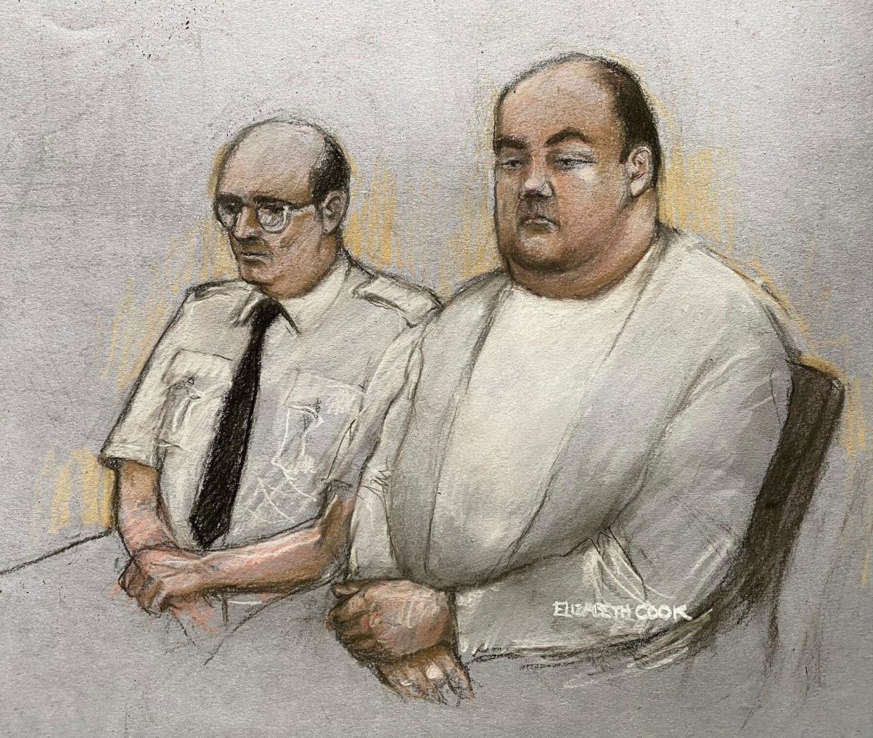 Court artist drawing by Elizabeth Cook of Gavin Plumb (right). (Alamy)