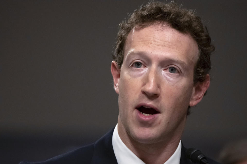 Meta CEO Mark Zuckerberg speaks during a Senate Judiciary Committee hearing on Capitol Hill in Washington, Wednesday, Jan. 31, 2024, on child safety. (AP Photo/Mark Schiefelbein)