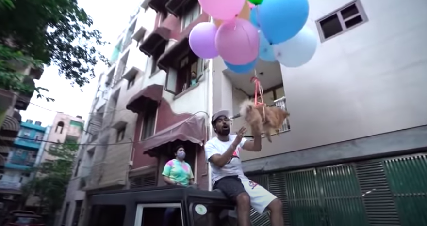 <p>A Delhi-based YouTuber has been arrested for tying his pet dog to hydrogen balloons and making it float up in the air</p> (India Today/YouTube/Screengrab )