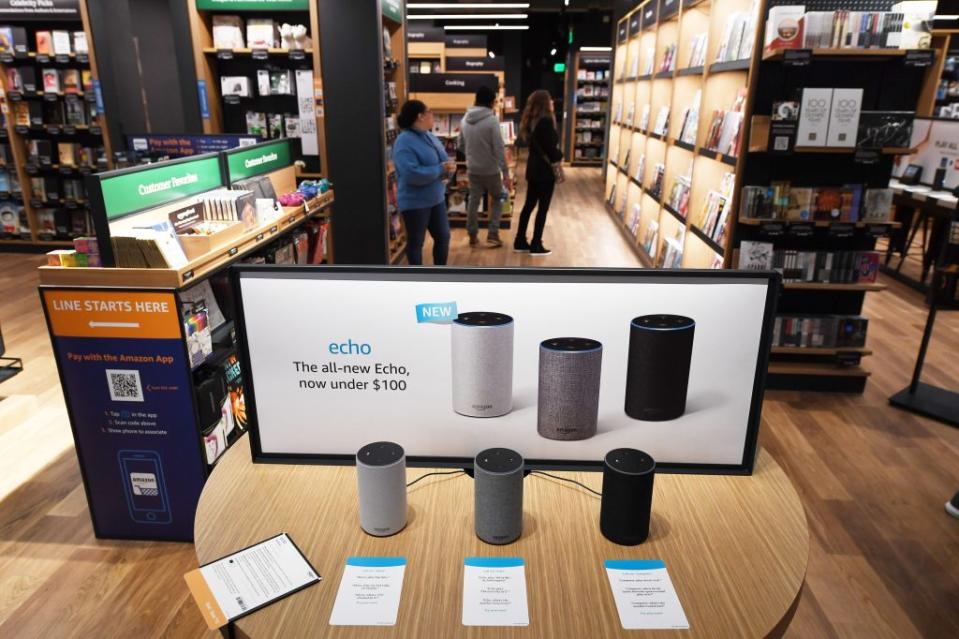 Amazon Echo devices at an Amazon Books store in 2018. (Photo by Matt McClai