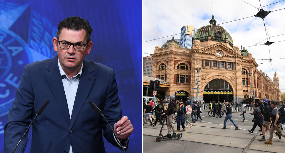 Pictured is premier Daniel Andrews and anti-lockdown, anti-vaccine protesters out in Melbourne on Wednesday.