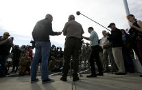 <p>Phil Johnston, center, the assistant sheriff for Tehama County, briefs reporters on the shootings near the Rancho Tehama Elementary School, Tuesday, Nov. 14, 2017, in Corning, Calif. Law enforcement says that five people, including the shooter were killed, and several people including some children were injured and taken to area hospitals. (AP Photo/Rich Pedroncelli) </p>