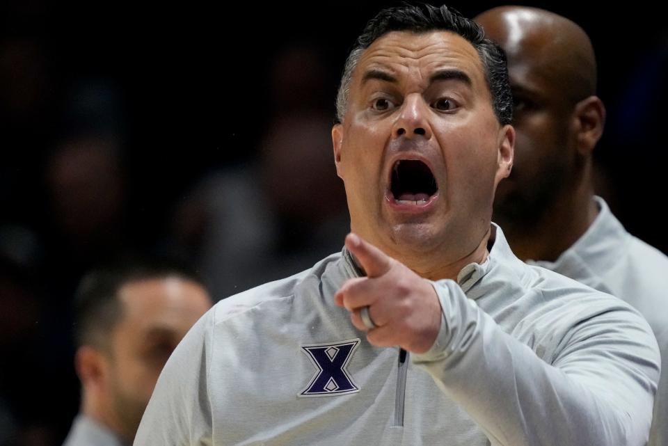 Xavier Musketeers head coach Sean Miller shouts down court in the first half of the NCAA Big East basketball game between the Xavier Musketeers and the Marquette Golden Eagles at Cintas Center in Cincinnati on Saturday, March 9, 2024.